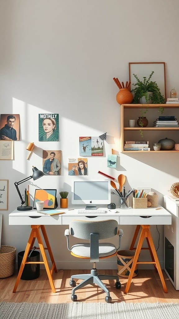 A bright creative workspace with a desk, computer, art on the walls, and plants.