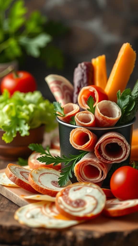 A charcuterie cup with various rolled meats and cheeses, garnished with parsley and tomatoes.