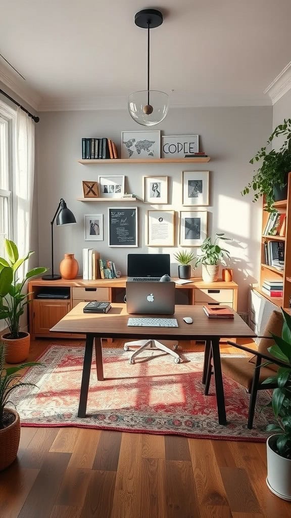 A stylish home office with a wooden desk in the center, surrounded by plants and bookshelves.