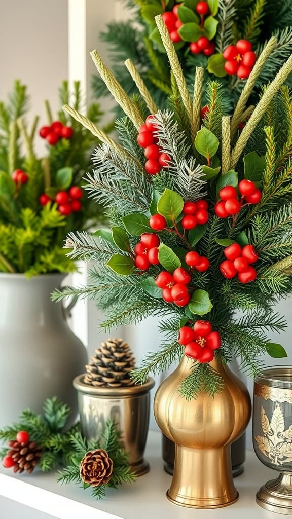 A stylish display of winter greenery with red berries in decorative vases.