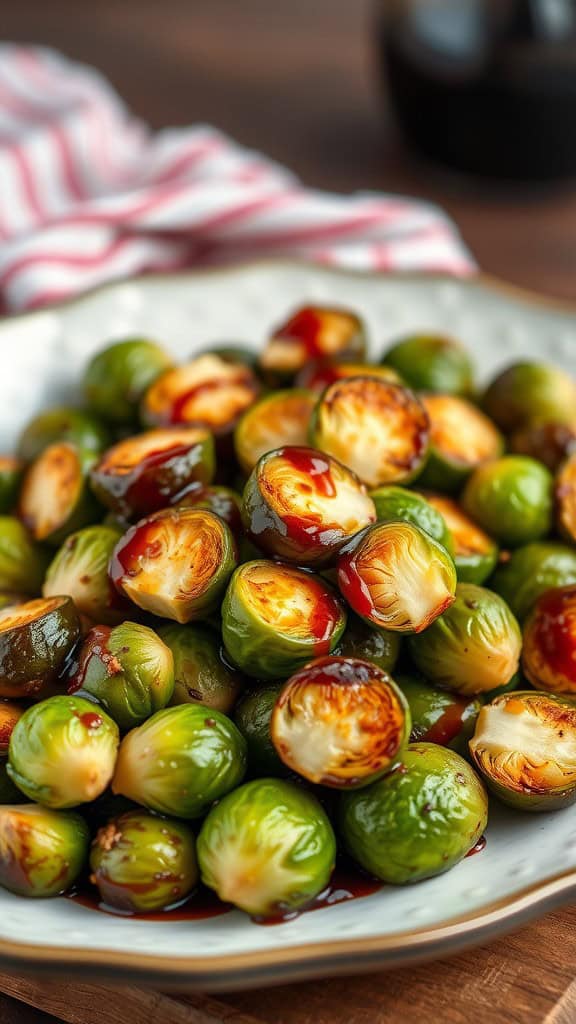 A plate of crispy Brussels sprouts drizzled with balsamic reduction, beautifully presented.