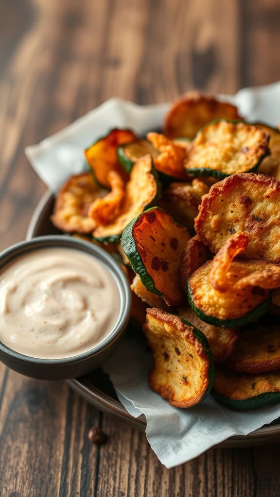 A plate of crispy fried zucchini chips served with a creamy dip, showcasing a rustic wooden background.