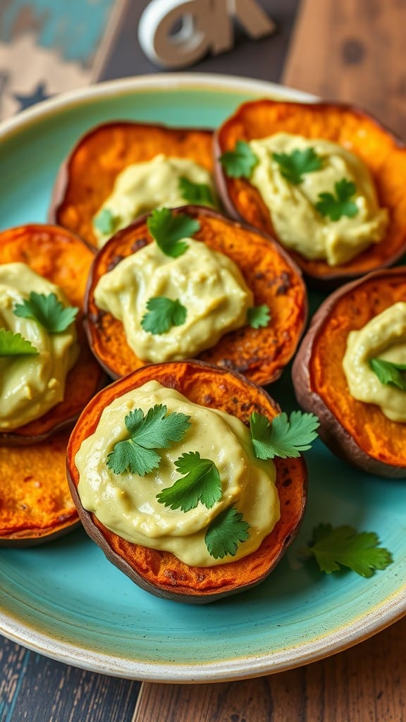 Crispy sweet potato rounds topped with avocado dip and garnished with cilantro on a teal plate.