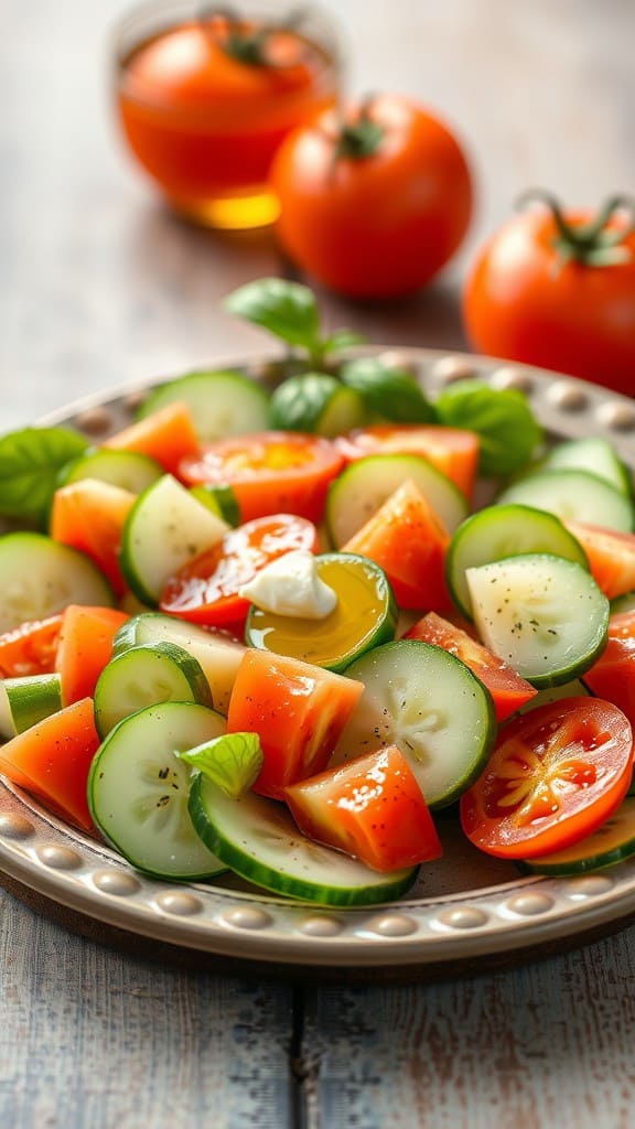 A vibrant cucumber and tomato salad on a plate with fresh tomatoes in the background.