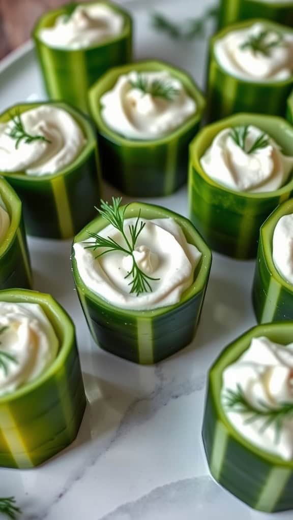 A plate of cucumber cups filled with cream cheese and topped with dill, showcasing a cute presentation.