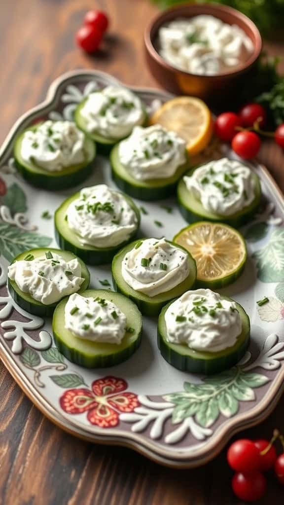 A platter of cucumber rounds topped with herbed cream cheese, garnished with chives, surrounded by cherry tomatoes and a lemon slice.