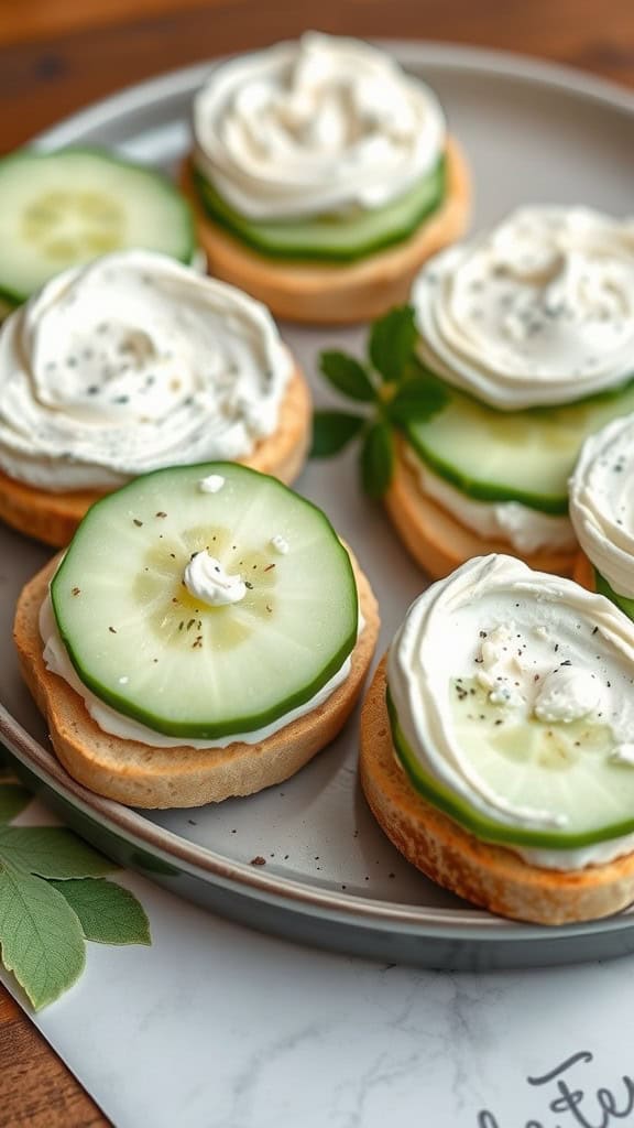 Cucumber sandwiches with cream cheese on a plate, garnished with herbs.