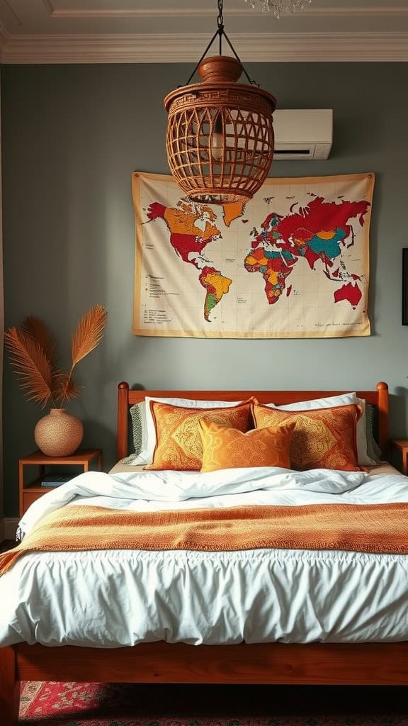 Cozy bedroom with a world map tapestry, warm bedding colors, and a woven light fixture