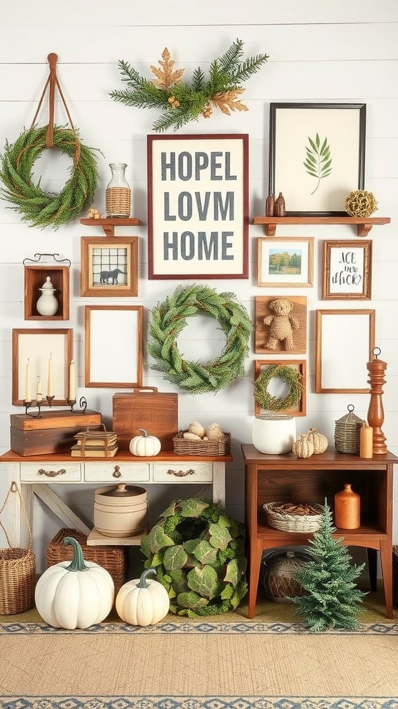 A seasonal display featuring frames, wreaths, pumpkins, and rustic decor arranged in a cozy farmhouse style.