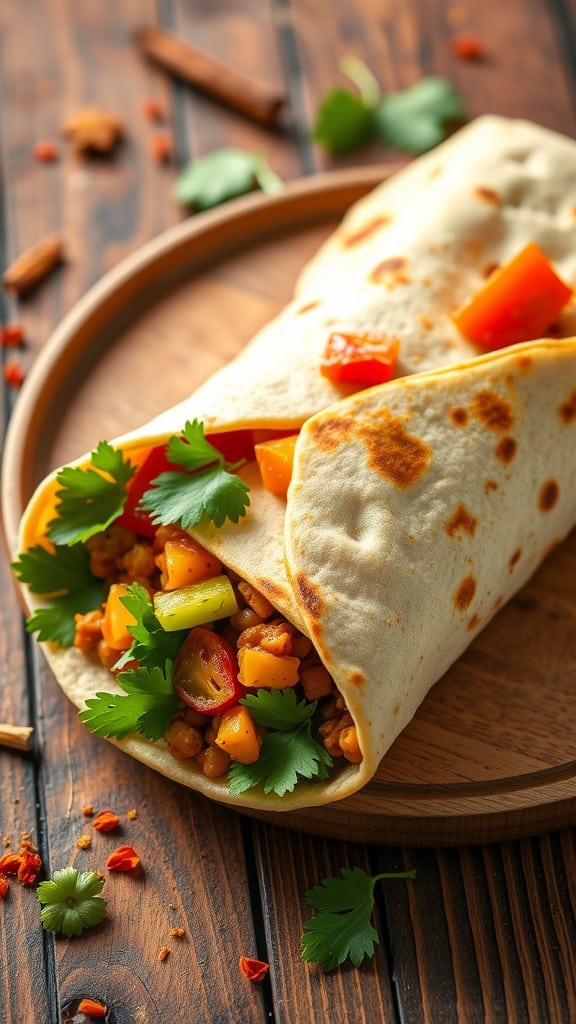 A Curried Lentil and Veggie Wrap filled with lentils, colorful vegetables, and fresh herbs.