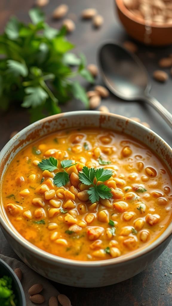 A bowl of curried lentil soup topped with fresh herbs, showcasing a rich golden color.