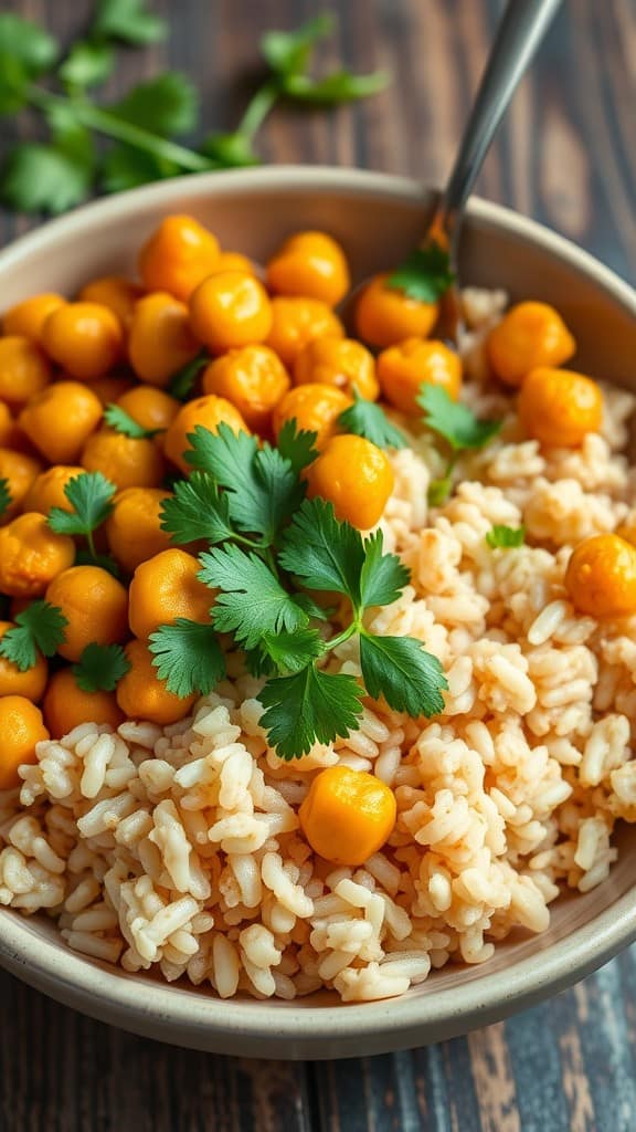 A bowl of curry chickpeas served over rice, garnished with fresh cilantro.