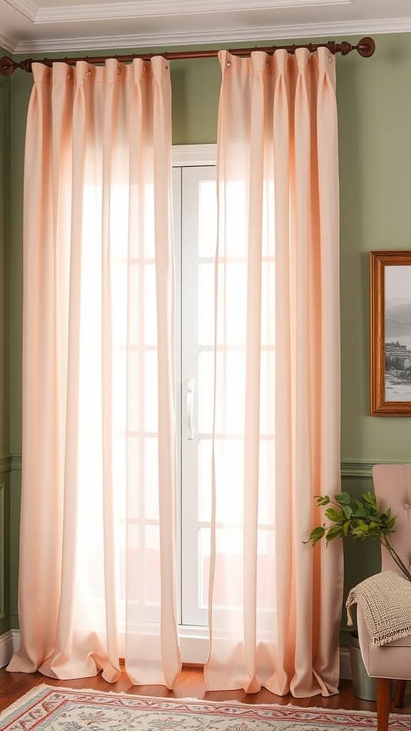 Soft peach-colored curtains in a room with green walls and a wooden floor, enhancing the decor with light filtering through.