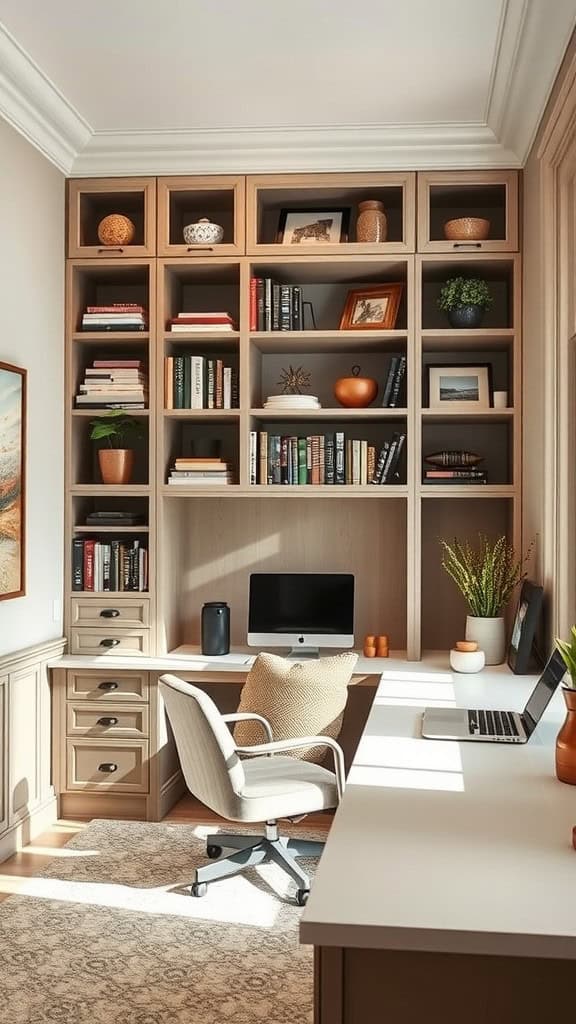 A luxury home office featuring custom built-ins with bookshelves, a sleek computer, and a cozy chair