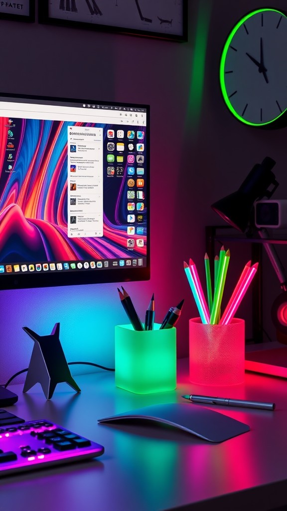 A colorful desk setup featuring neon containers with writing utensils, a computer monitor, and a clock, creating a vibrant workspace.