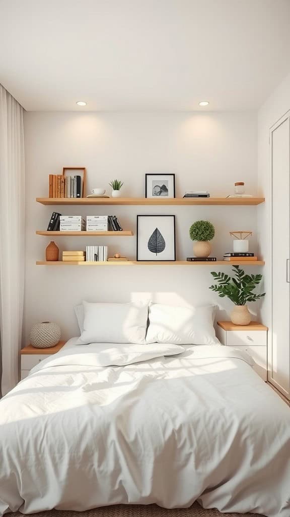 Bright and organized bedroom with a neatly made bed, wooden shelves displaying books and plants, and soft natural light.