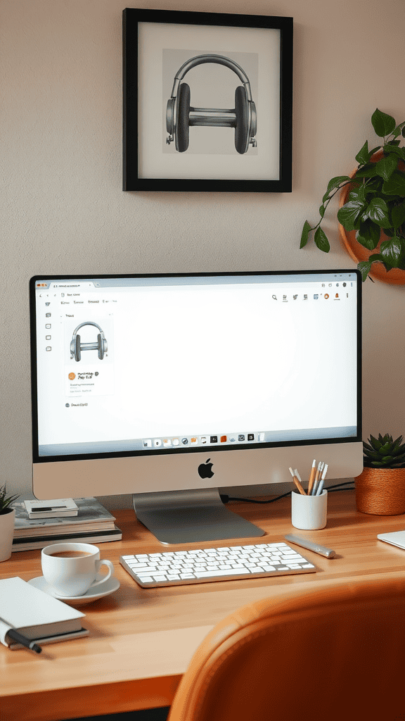 A clean workspace featuring a computer, keyboard, and a cup of coffee, surrounded by plants and stationery.