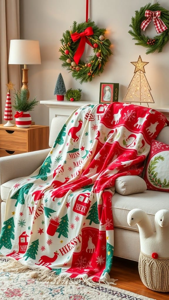 A cozy living room decorated with holiday-themed fabrics, including a festive blanket on a sofa and decorative wreaths on the wall.