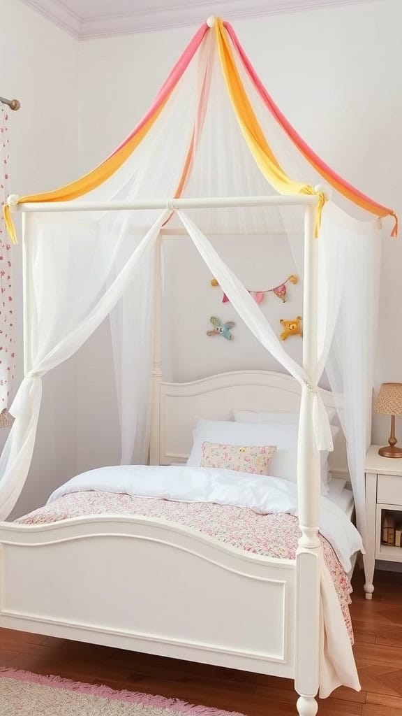 A cozy bedroom featuring a decorative canopy in vibrant pink and orange fabrics over a white bed.