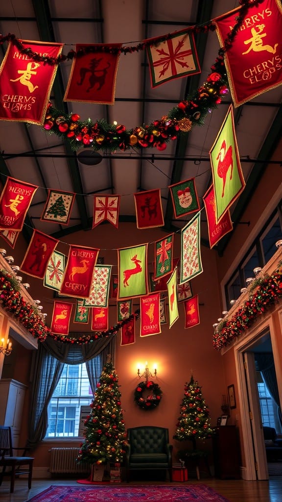 Decorative Christmas banners hanging in a room with festive decorations