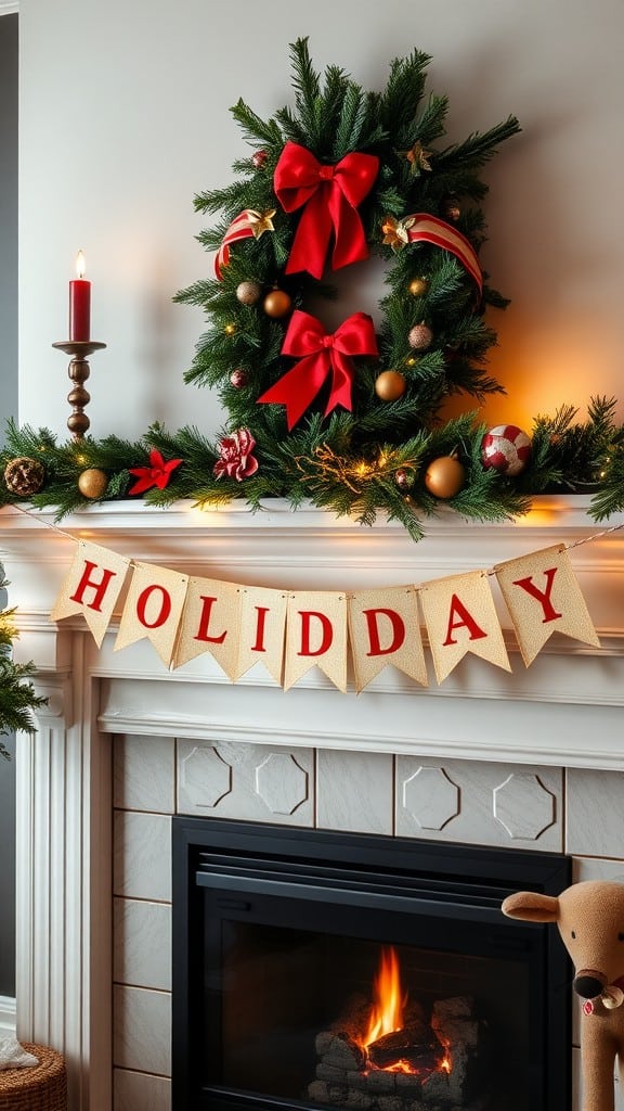 A cozy holiday scene featuring a wreath, candle, and a banner that reads 'HOLIDAY' above a fireplace.