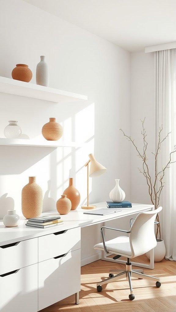 A minimalist home office with decorative vases on white shelves.