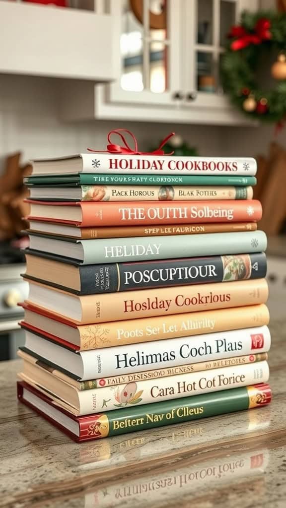 A stack of holiday cookbooks arranged on a kitchen countertop