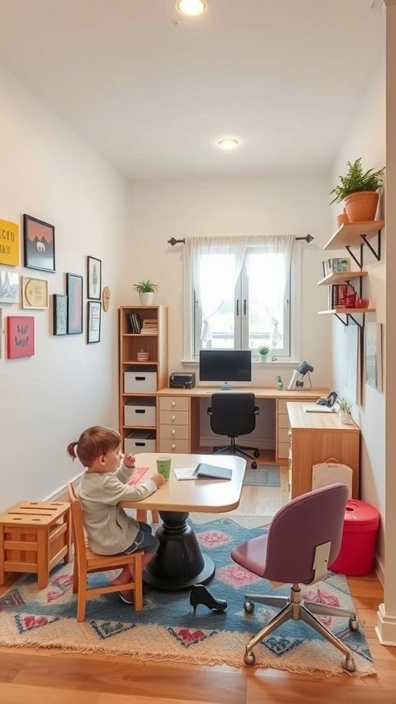 A child sitting in a cozy home office corner, enjoying a playful workspace.