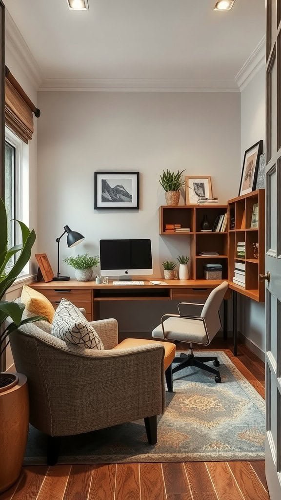 Cozy home office with a comfortable chair, desk, and plants.