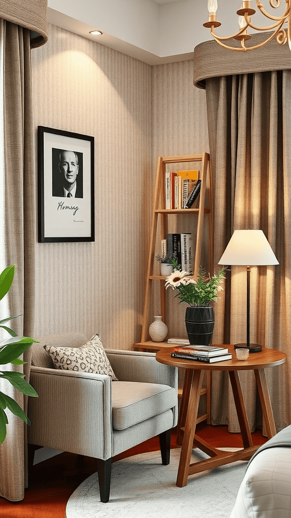 A cozy reading nook featuring a comfortable chair, a small table, a bookshelf, and warm lighting.