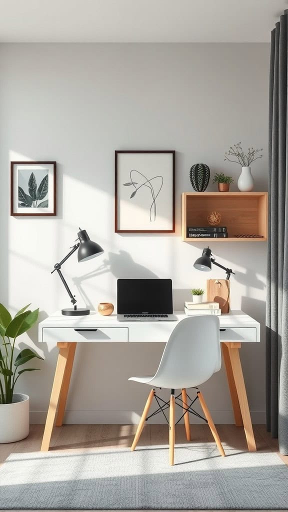 A neatly arranged small home office with a desk, chair, plants, and decorative items.