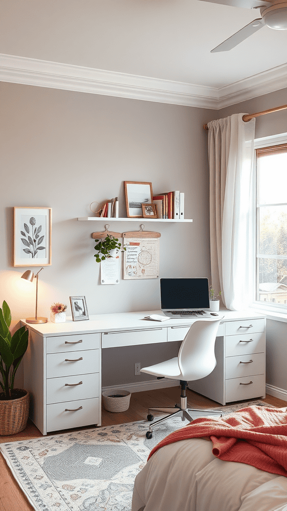 Cozy and functional home office layout with a desk, computer, and decorative items.