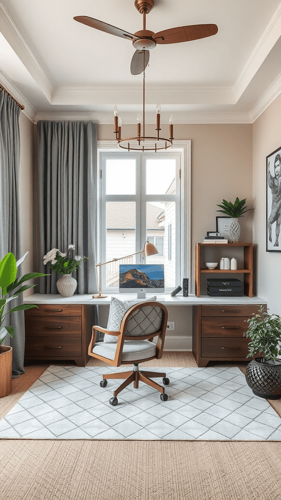 A well-designed home office with a comfortable chair, desk, plants, and natural light.