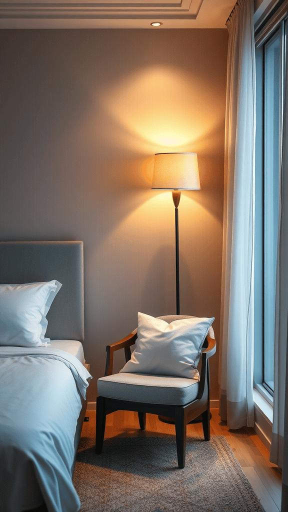 A cozy room corner with a bed, a comfortable chair, and soft lighting.