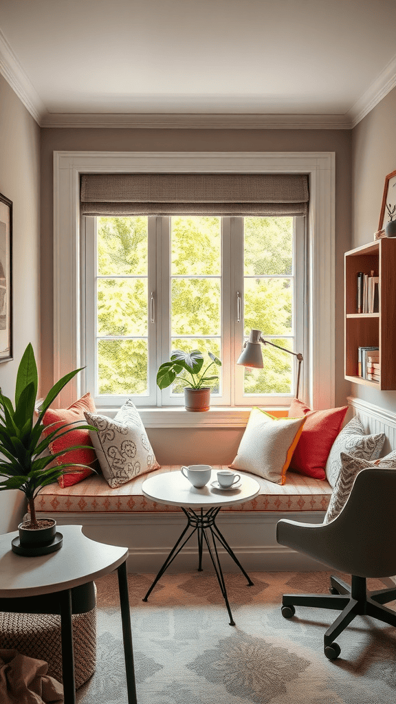 Cozy window seat with cushions and a small table.