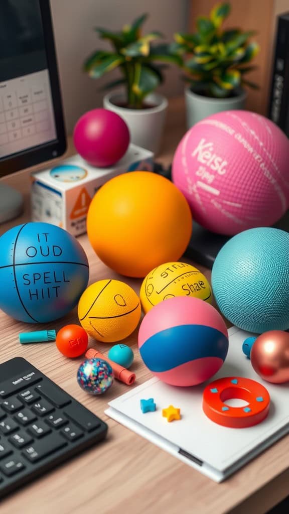 A colorful desk with various stress-relief toys, plants, a keyboard, and a notepad.