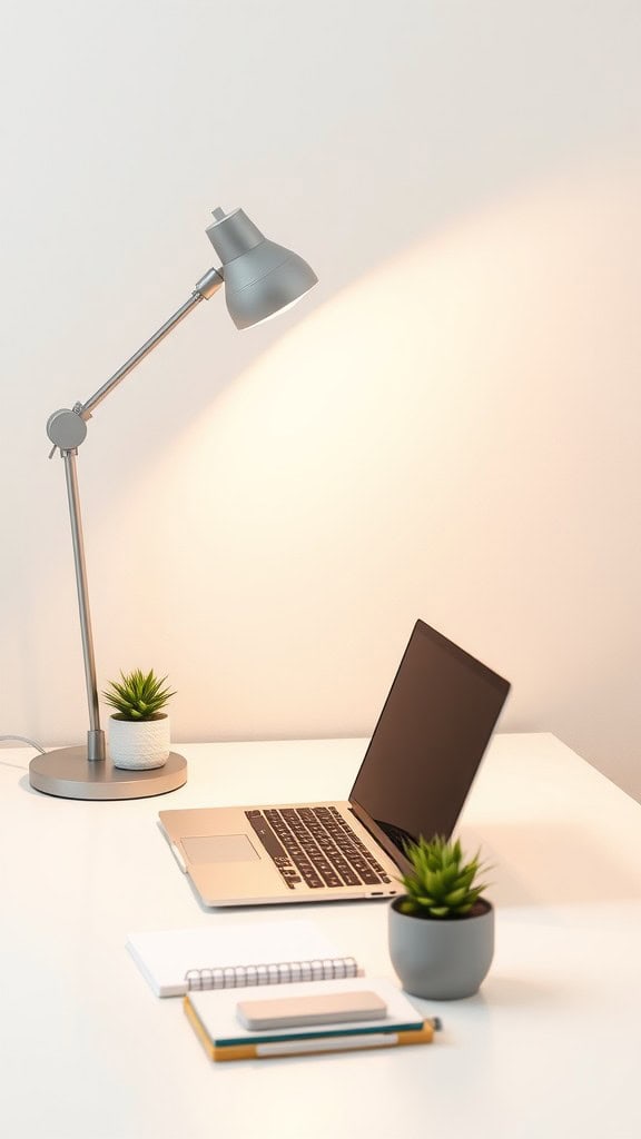 A minimalist home office setup with a desk lamp, laptop, and small plants.