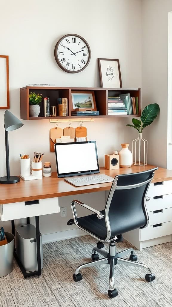 A modern organized desk with books, a laptop, and decorative items.