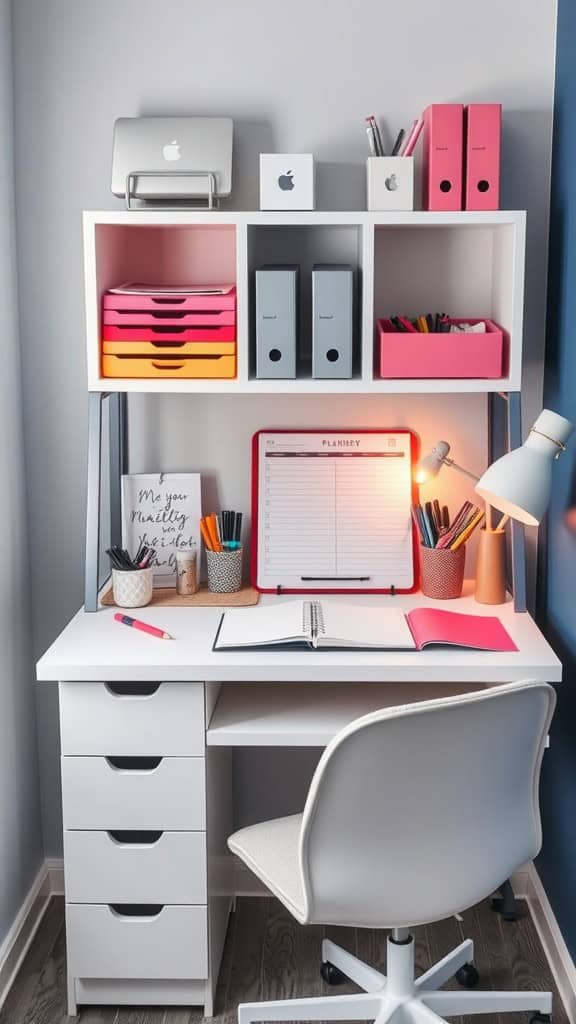 Organized small home office with colorful storage solutions