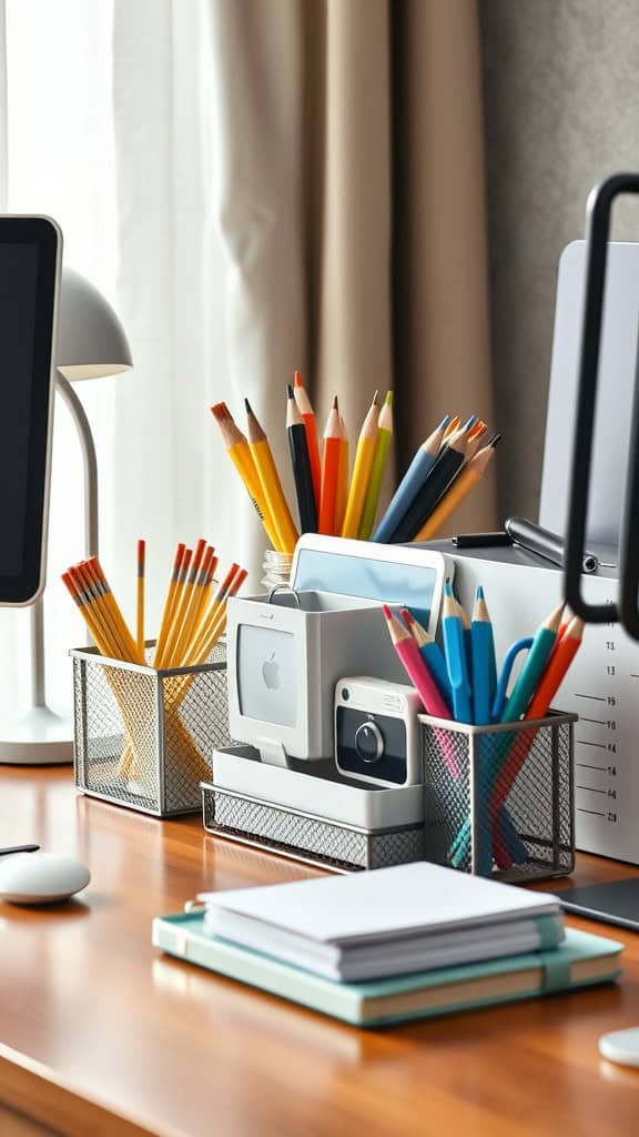 A neatly arranged desk organizer set with colorful pens and pencils, a sleek design, and stacked notebooks.