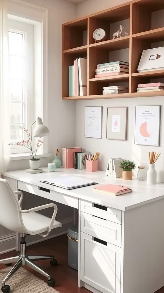 A bright feminine office featuring a white desk with built-in organization, shelves, and decorative items.