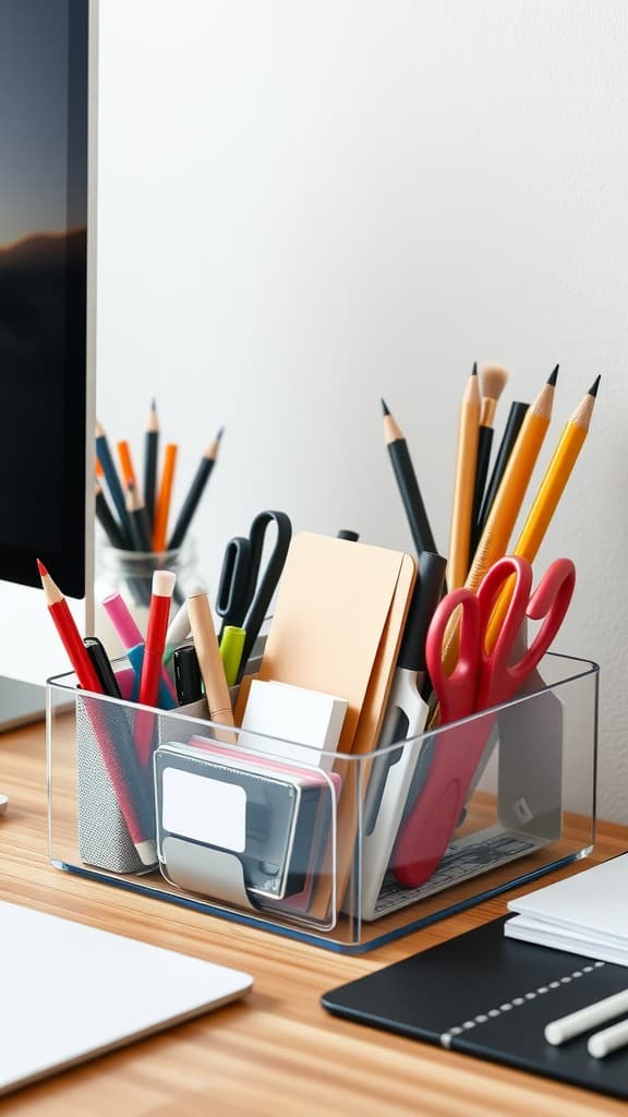 A clear desktop organizer filled with stationery items like pencils, pens, and scissors on a wooden desk.