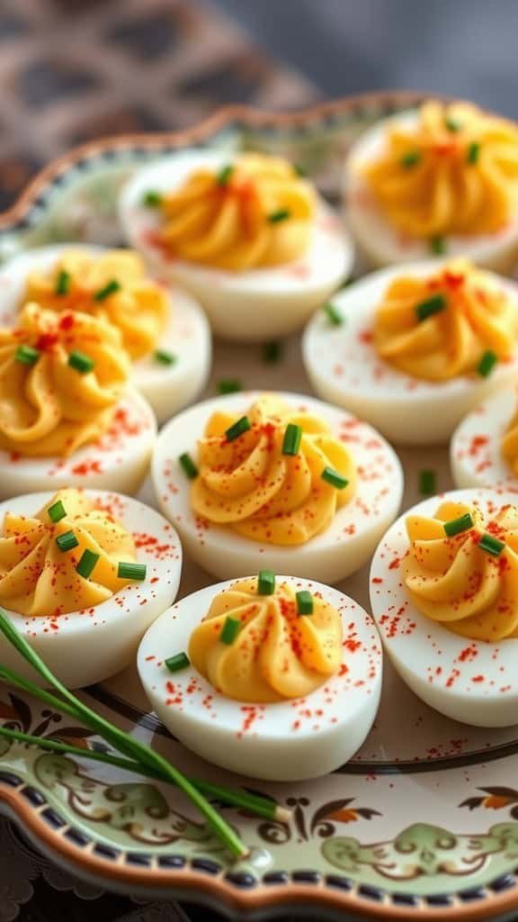 A beautiful platter of deviled eggs topped with paprika and chives.