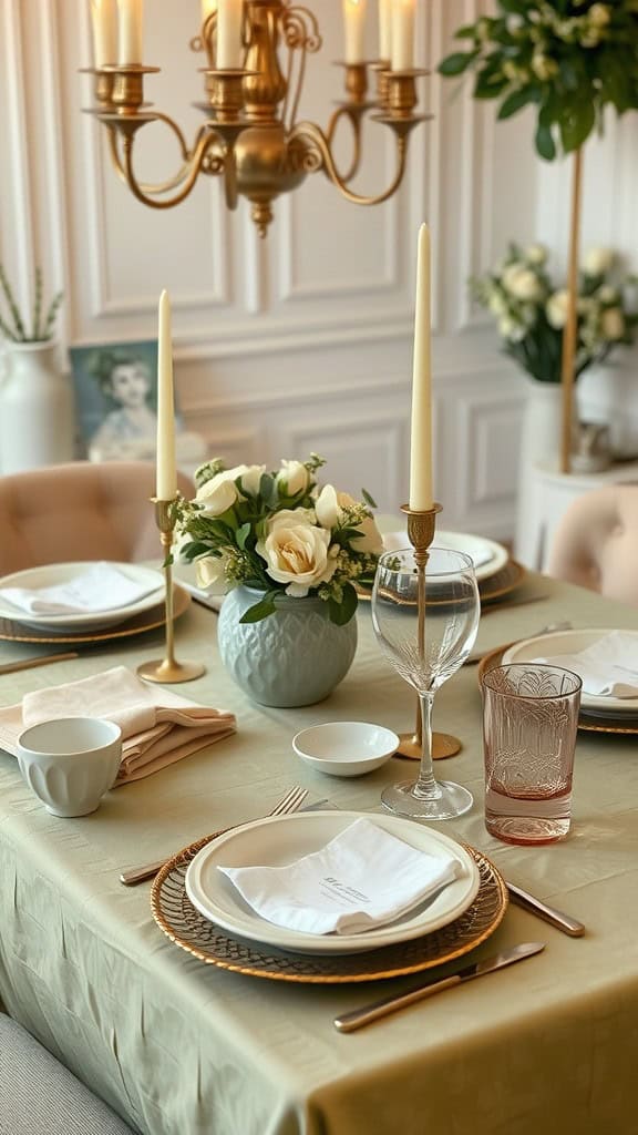 Elegant dining room table setting with a floral centerpiece, candles, and ornate tableware.