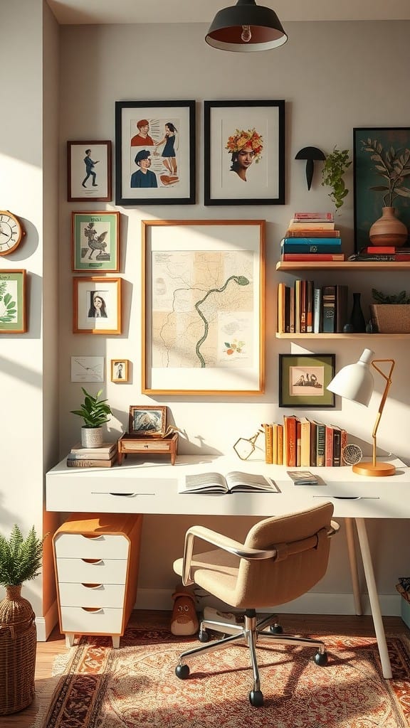 Cozy workspace with personal collections and artwork displayed on the walls.