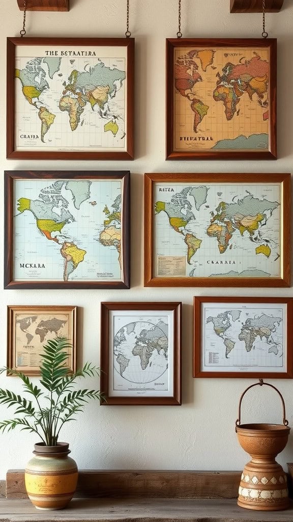 A display of framed maps on a wall, showcasing colorful world maps and a cozy farmhouse aesthetic.