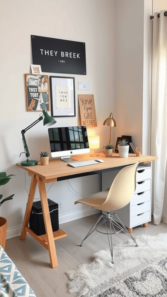 A stylish DIY desk setup featuring a wooden desk, an ergonomic chair, and decorative items on the wall.