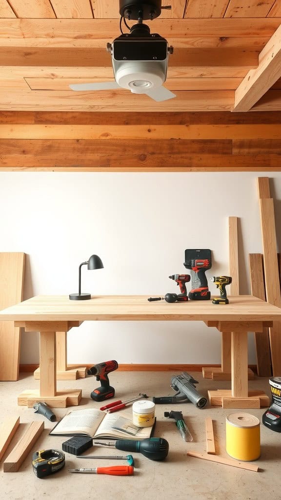 A workspace with a wooden desk, tools, and materials for DIY projects.