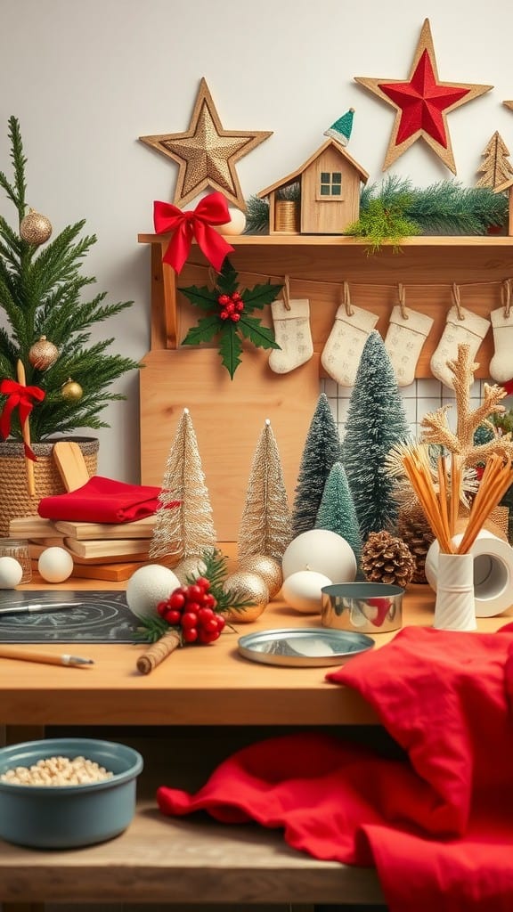 A cozy holiday decor scene featuring festive items like small trees, stars, and a red tablecloth.