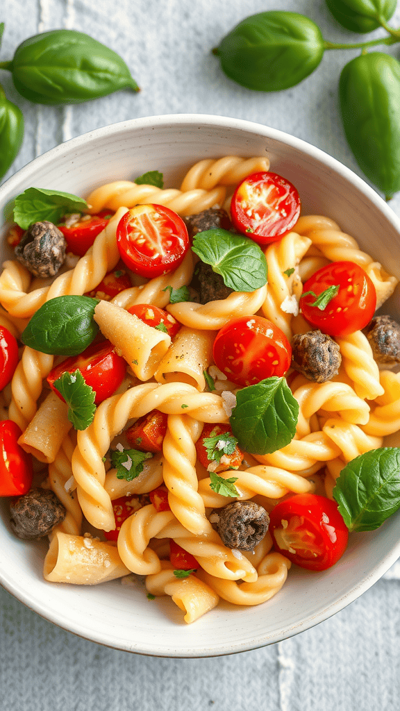 A bowl of pasta salad with cherry tomatoes, basil, and fresh herbs